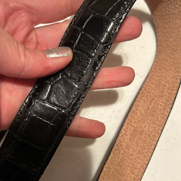 VINTAGE “XXX HUGS” black croco belt large gold buckle some wear